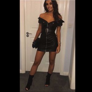 black faux leather bardot waist belt bodycon dress